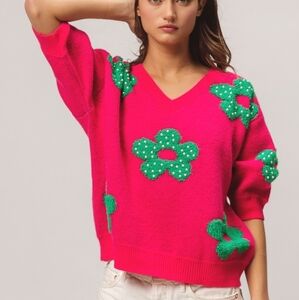 BiBi Pearl Beads Flowers Sweater Top